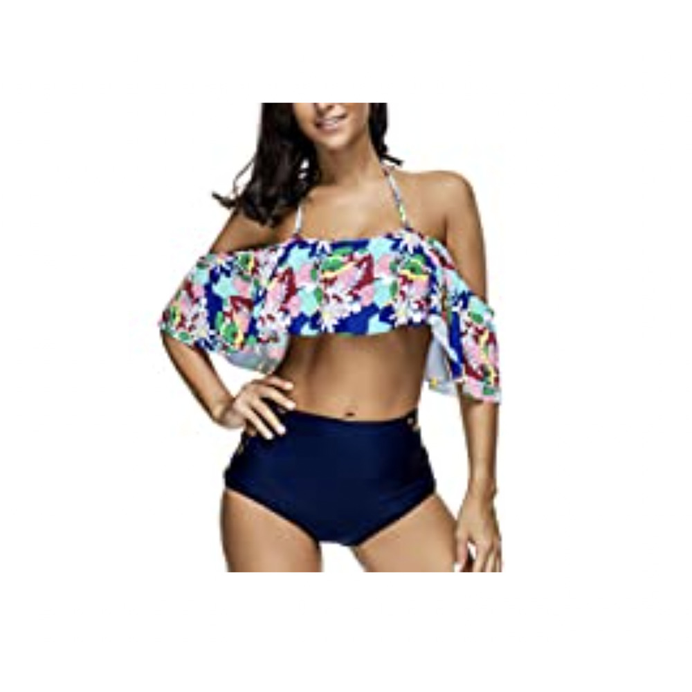 Women Two Piece Off Shoulder Floral Printed Ruffled Flounce Tankini Set Size L